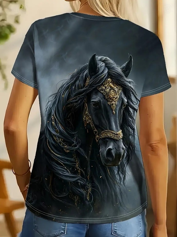 Femmes T-shirt Graphique Animal Cheval ancien Mode Élégant Manche Courte Col ras du cou Col rond Hauts Réguliers Quotidien Week-end Imprimé Marron clair Bleu Bleu Poudré Été Printemps de 2025 ? $19.99 –P2