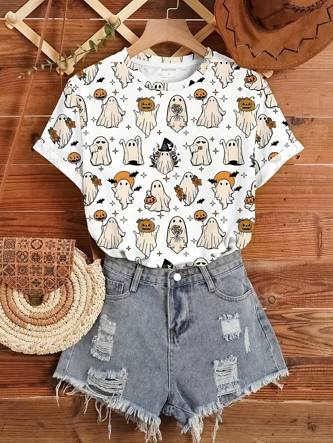 Halloween Femmes T-shirt Fleuri Graphique Crâne ancien Élégant Classique Manche Courte Col ras du cou Col rond Hauts Réguliers Quotidien Week-end Imprimé Blanche Orange Beige Été Automne de 2025 ? $19.99 –P5