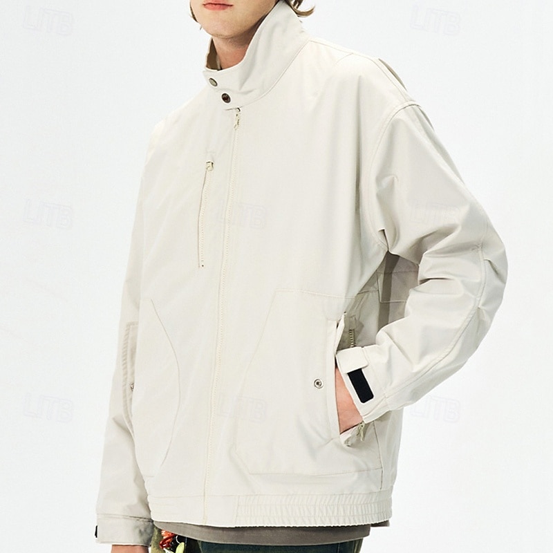 Men's Lightweight Jacket Cargo Jacket Casual Jacket Vacation Daily Windproof Windbreaker Pocket Fall Winter Plain Fashion Classic Stand Collar Regular Black White Purple Green Jacket 2025 - $51.99 –P8