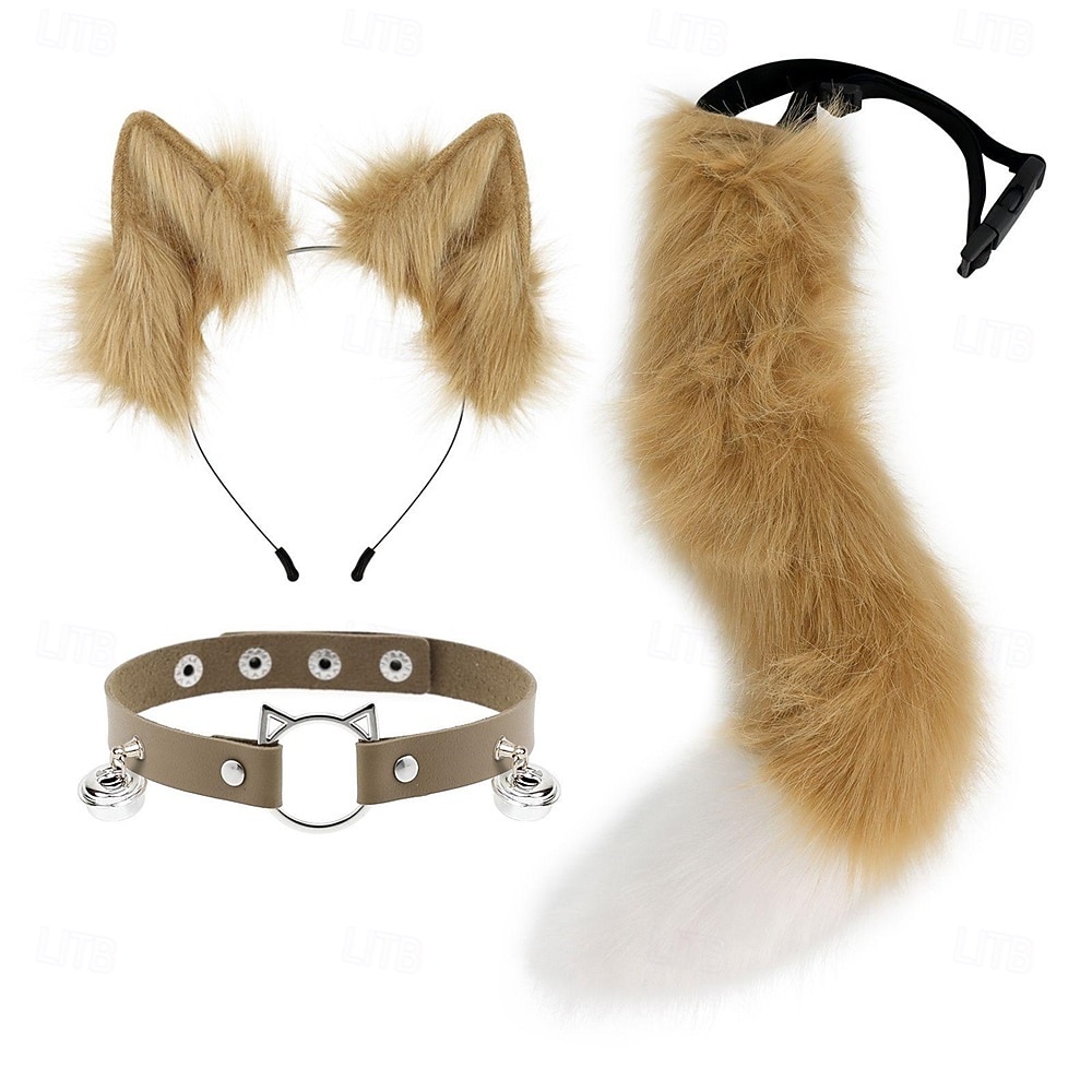 Bandă drăguță cu urechi de pisică, coadă și zgardă cu păr blănos – accesorii pentru cosplay cu animale, costum de fată-pisică pentru Halloween, petrecere și spectacol 2026 - $33.99 –P10
