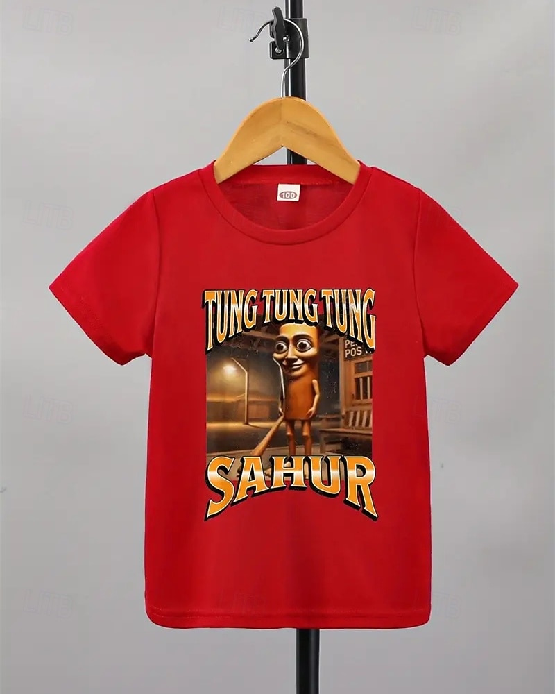 Boys' Blue T-Shirt with Cartoon Character Print - Tung Tung Tung Sahur Design Short Sleeve Summer Spring Fashion Basic Kids 4-12 Years Crew Neck Outdoor Casual Daily Regular Fit 2026 - $11.99 –P2