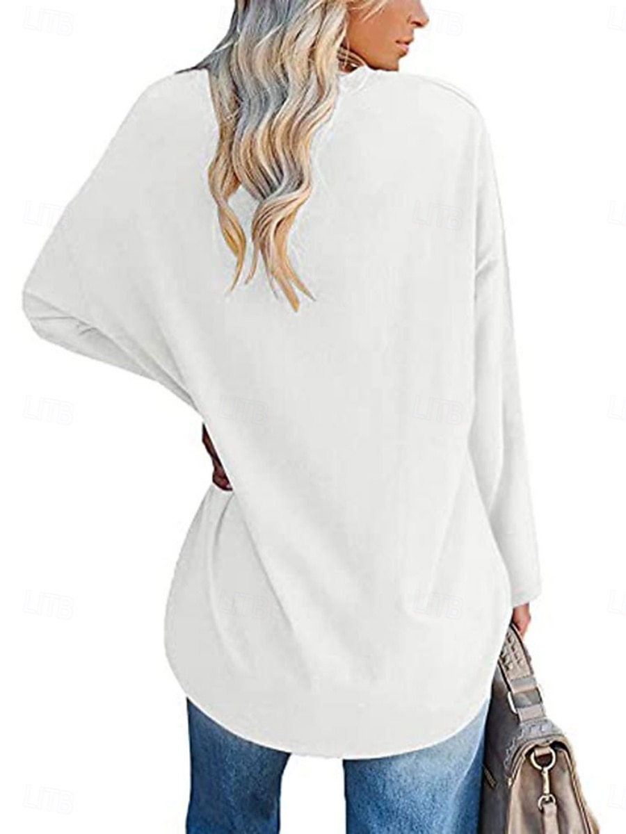 Camicia da donna in 100% cotone blouse colore solido stilosa casual maniche lunghe colletto rotondo regolari top quotidiano nero bianco giallo rosa primavera autunno pre-autunno del 2026 a $24.99 –P4