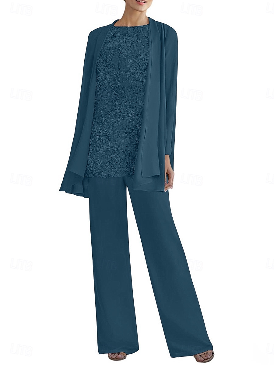 Tailleur-pantalon trois pièces robe mère de la mariée élégante col rond longueur sol polyester manches longues avec perles de 2025 ? $99.99 –P5