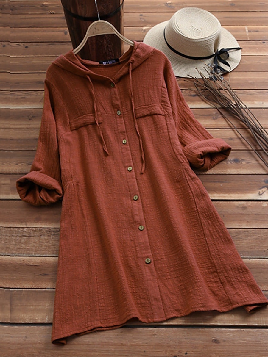 Mulheres Blusa Côr Sólida Casual Manga Longa Com Capuz Tops longos Diário Bolsos Botões Amarelo Vinho Fúcsia Cinzento Verão Outono de 2025 por $23.99 –P3