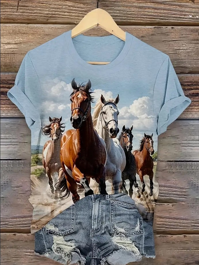 Femmes T-shirt Graphique Animal Cheval ancien Élégant Classique Manche Courte Col ras du cou Col rond Hauts Réguliers Quotidien Week-end Imprimé Noir Blanche Bleu Bleu Poudré Été Printemps de 2025 ? $19.99 –P8