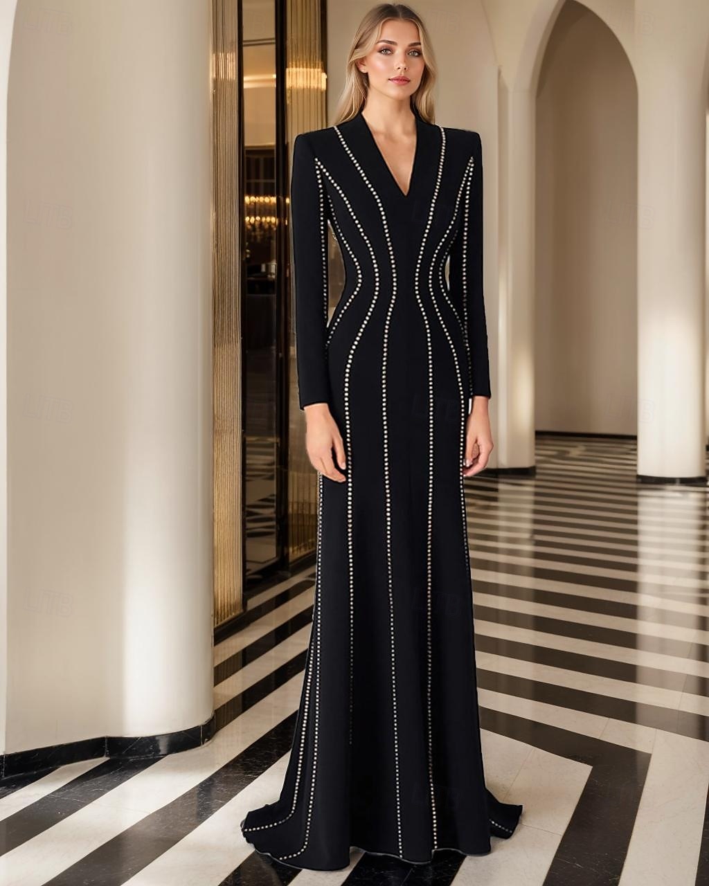 Black Tie Galakleid Etuikleid/Säulenkleid Abendkleid Smokingkleid formelle Abendparty bodenlang Langarm V-Ausschnitt Polyester mit Kristallen 2025 2025 - $135.99 –P1