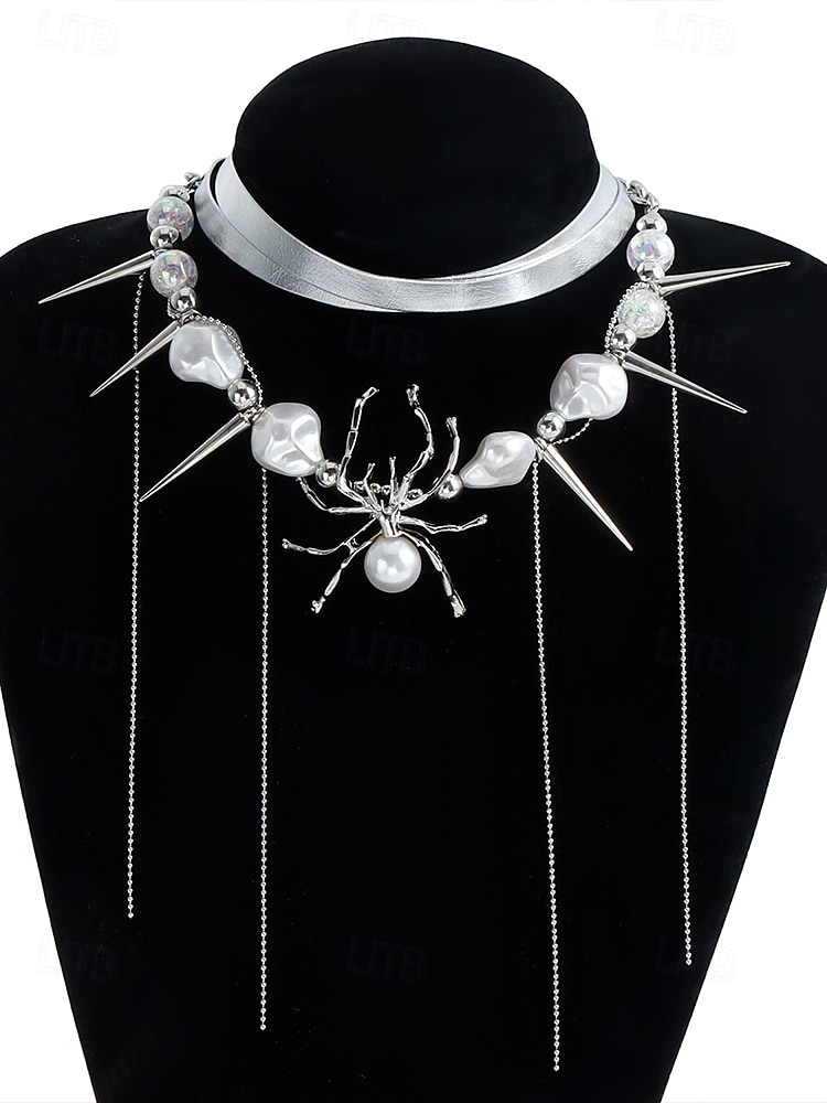 Halloween-Spinnenhalskette für Damen – Gothic-Punk-Design aus Legierung und Kunstperlen mit Stacheln und Ketten, auffälliger Modeschmuck für Partys, Cosplay und gruselige Abende 2025 - $11.99 –P3