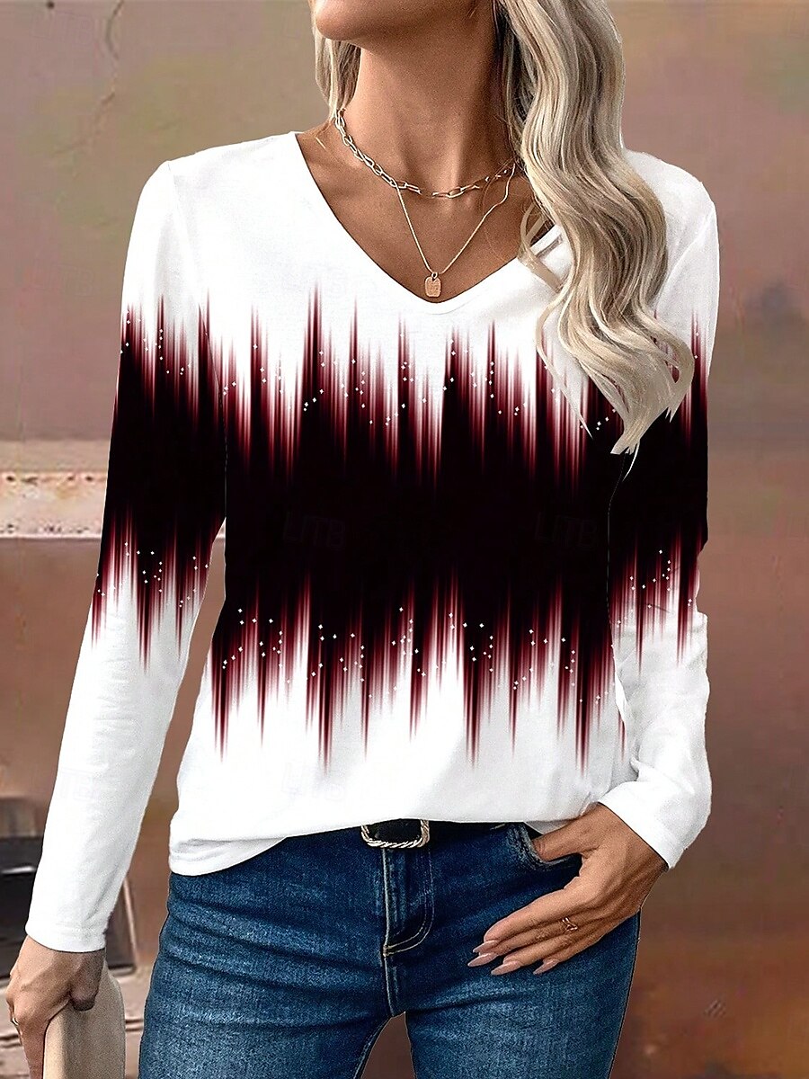 Femmes T-shirt A Ombre Graphique ancien Occasionnel manche longue Col en V Hauts Réguliers Quotidien Imprimé Noir Bleu Fuchsia Printemps Automne de 2025 ? $22.99 –P4