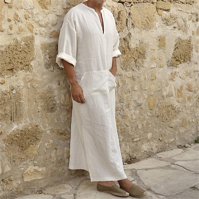 Homme Pyjamas Vêtements de Nuit Robe de bain Uni Mode Élégant Classique Maison Quotidien Lit Coton Confort Doux Col en V manche longue Été Printemps Noir Blanche de 2025 ? $27.99 –P3