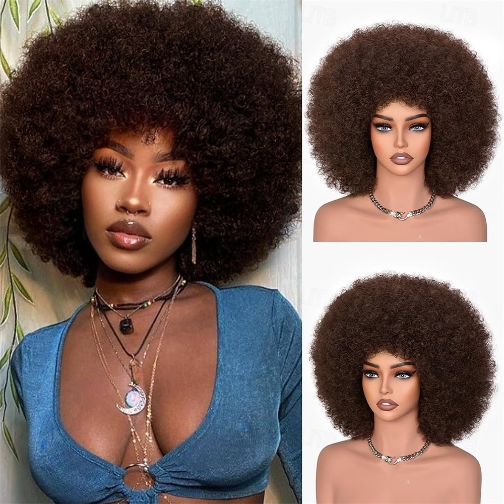 Parrucche afro per donne nere, parrucca afro riccia crespa anni '70 con frangia, parrucche soffici ed enormi, capelli sintetici per cosplay quotidiani e feste, 14 pollici del 2025 a $25.99 –P4