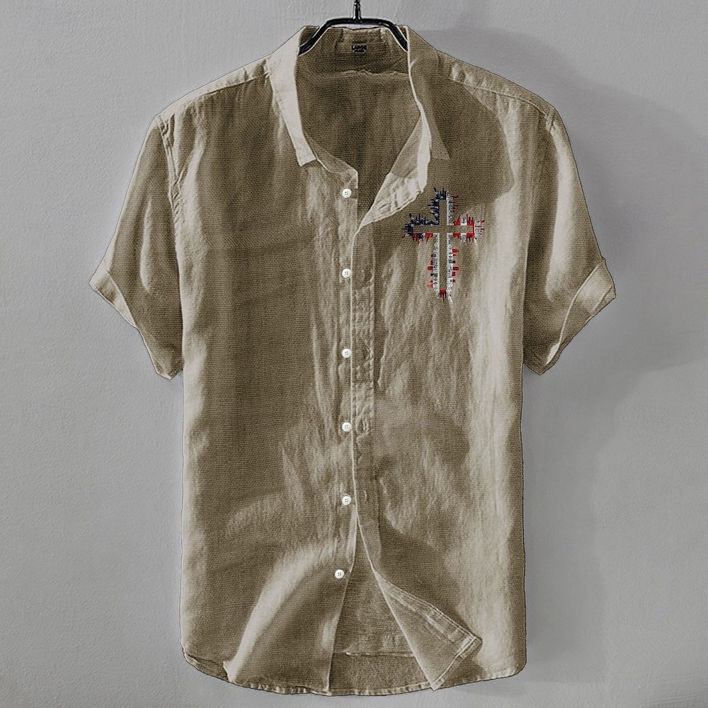 Herren Leinenhemd Freizeithemd Baumwoll-Leinen-Hemd Knopfhemd Muster Urlaub Straße Weiß Dunkelmarine Himmelblau Khaki Kurzarm Revers Sommer Bekleidung Schnalle 2025 - $17.99 –P8