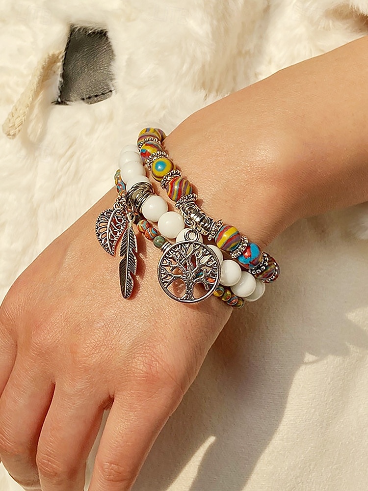 Set di bracciali da donna in stile boho con perline turchesi, con ciondolo a forma di albero della vita e piuma, elastico, perline in pietra naturale, adatti per abbigliamento casual, feste e regali. del 2025 a $9.99 –P4