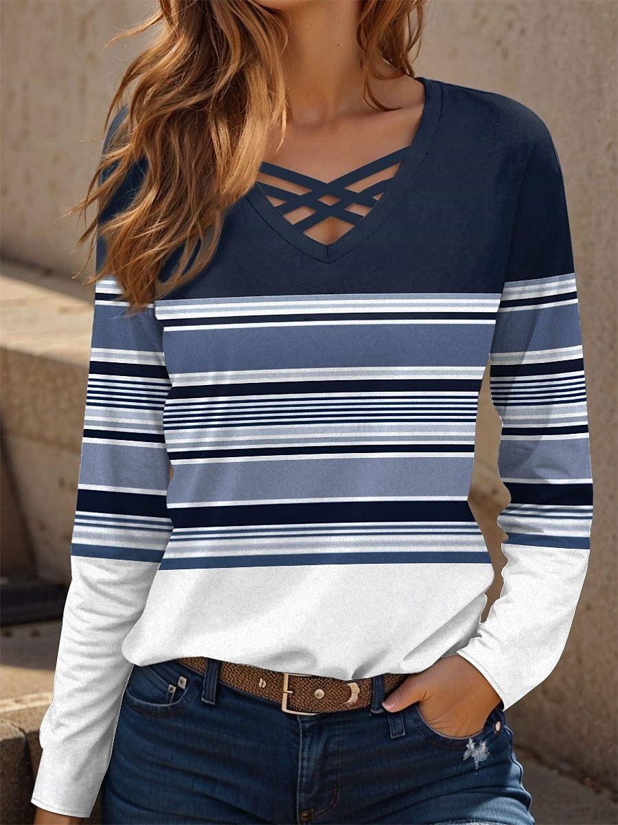 Femmes T-shirt Graphique Géométrique ancien Élégant Classique manche longue Col en V Hauts Réguliers Quotidien Découpé Imprimé Bleu Violet Vert Printemps Automne de 2025 ? $22.99 –P1