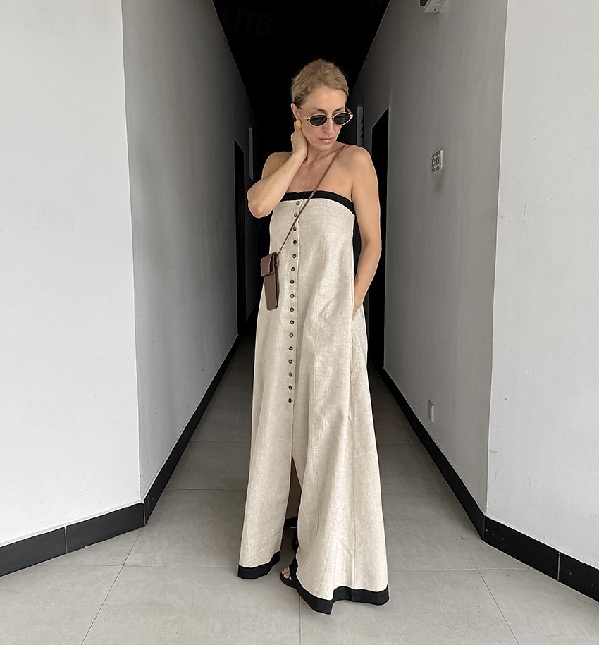 Robe longue en lin et coton pour femme, robe d'été, robe trapèze, robe à épaules dénudées, vacances, anniversaire, décontractée, fête, plage, coupe standard, couleur unie, graphique, sans manches, de 2025 ? $48.99 –P1
