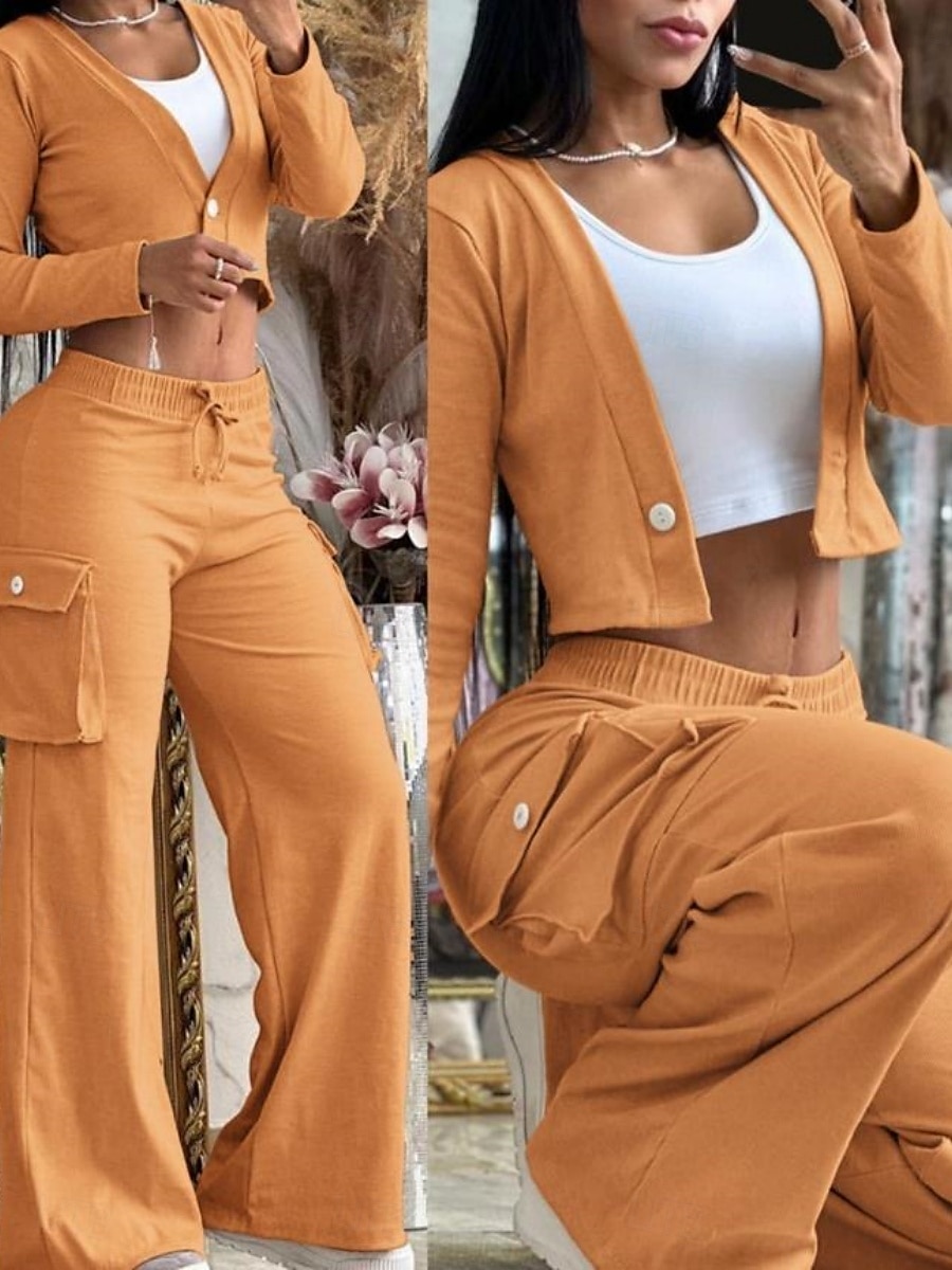 Dam Mode Streetwear Byxuppsättningar Långärmad V-hals Ensfärgat Snörning Semester Ledigt / vardag Gul Himmelsblå Kaki Sommar Normal 2025 - $26.99 –P7