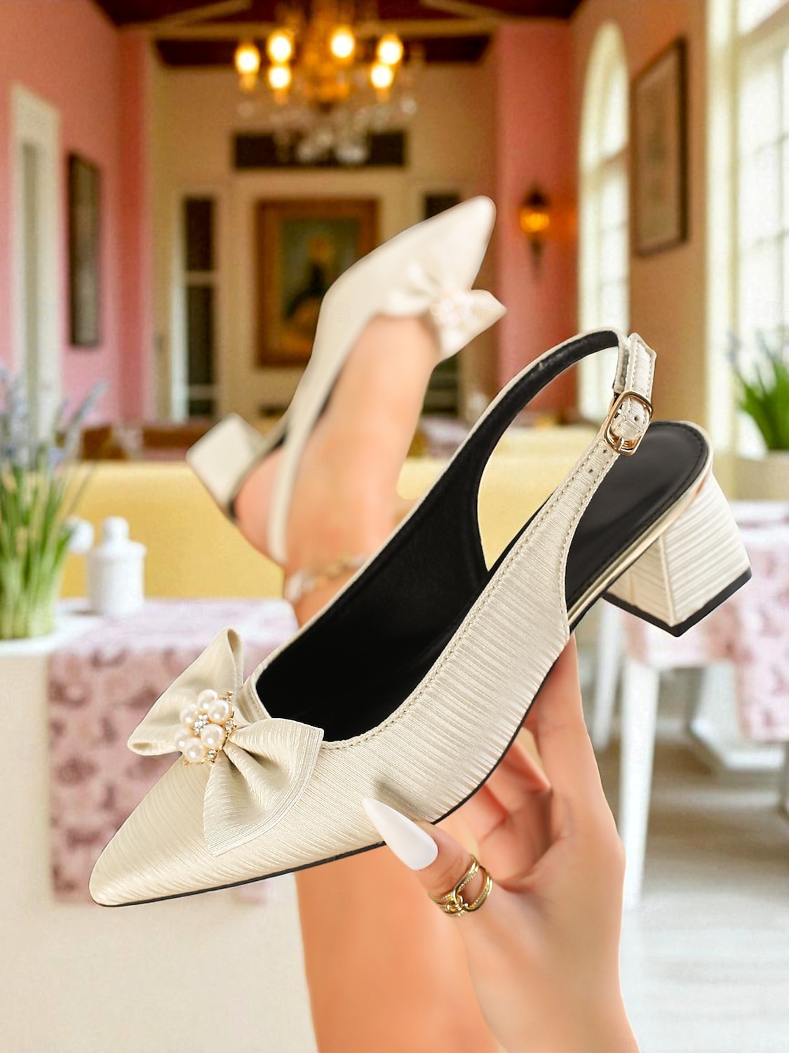Women's Lavender Slingback Heels with Pearl Bow - Satin Textured 1950s Vintage Style Low Block Pumps for Weddings, Garden Parties, and Spring Outfits 2025 - $42.99 –P1