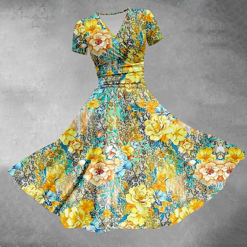 Dam Midiklänning Vardagsklänning Sommarklänning Mode Modern Dagligen Strand Helgen Normal Blomma Kortärmad V-hals Gul Sommar Vår 2025 - $25.99 –P1