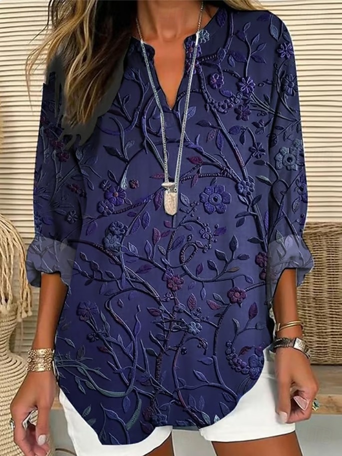 Damenbluse Langarm Tunika Oberteile Blumen Grafik Elegant Stilvoll V-Ausschnitt Regelmäßige Oberteile Täglicher Urlaub Print Rot Blau Lila Grün Grau Sommer Frühling Herbst 2025 - $24.99 –P4