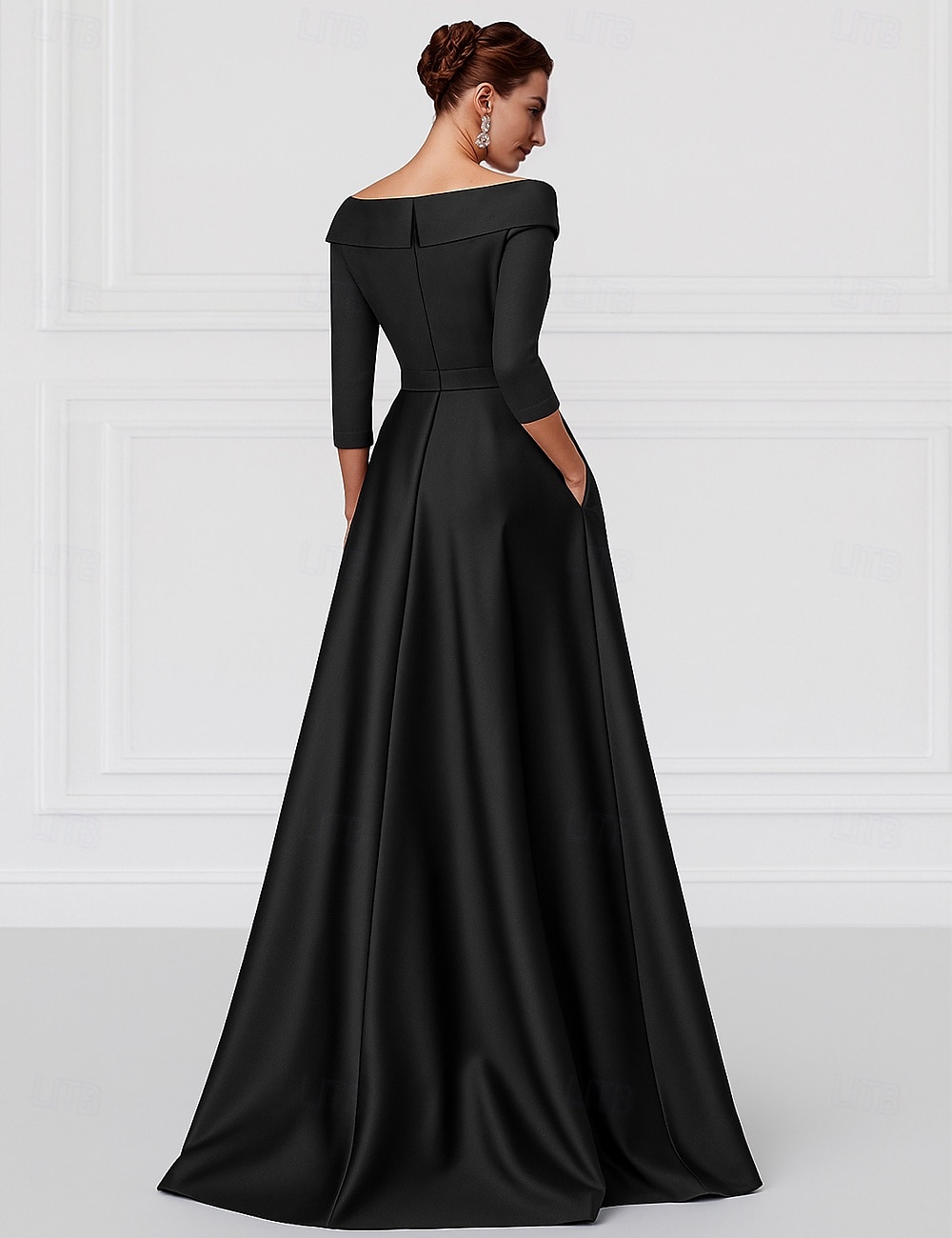 Abito da sera A-Line nero e oro abito elegante invitato al matrimonio lunghezza campagna maniche 3/4 colletto camicia tasca satin elasticizzato con fiore sulla spalla del 2025 a $139.99 –P2