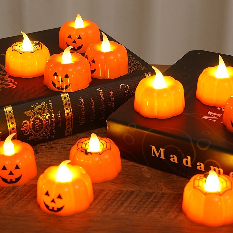 12 candele elettroniche a forma di zucca di Halloween con faccia di ragno, per interni ed esterni, per decorazioni di feste, atmosfere luminose del 2025 a $15.99 –P3
