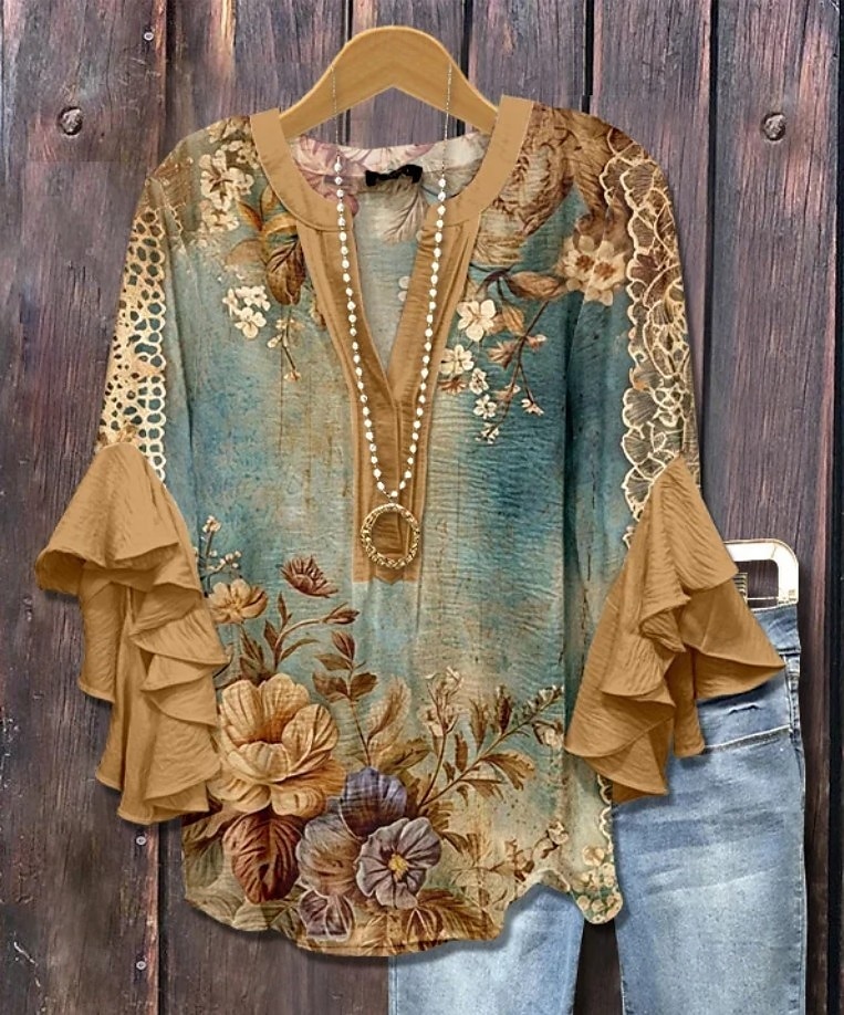 Damenbluse V-Ausschnitt Floral Grafik Elegant Bohemia Ethnisch 3/4-Ärmel Reguläre Oberteile Alltag Urlaub Freizeit Rüsche Print Königsblau Blau Helllila Khaki Sommer Frühling Herbst 2025 - $29.99 –P3