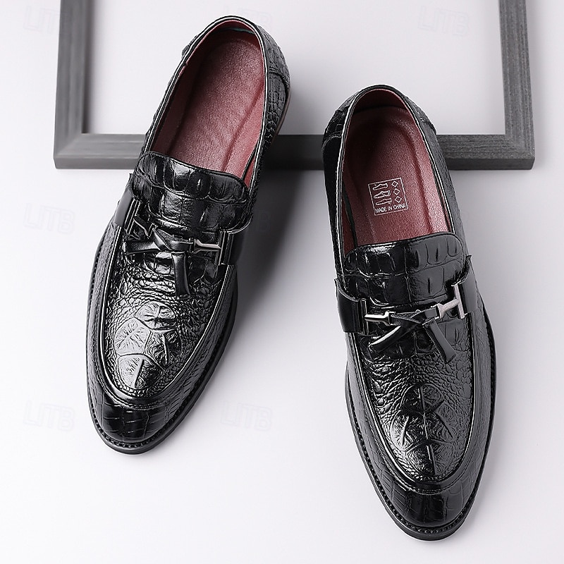 Miesten ruskeat krokotiilikuvioiset keinonahkaiset tupsukoristeiset loaferit – kiiltävät slip-on-pukukengät varttuneemmille herrasmiehille, liikelounaille ja virallisiin tilaisuuksiin 2025 - $46.99 –P6