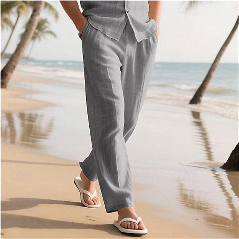 Men's Linen Pants Trousers Summer Pants Baggy Pants Beach Pants Drawstring Elastic Waist Straight Leg Plain Comfort Breathable Full Length Casual Daily Outdoor Vacation Classic Style Khaki Inelastic 2026 - $21.99 –P9