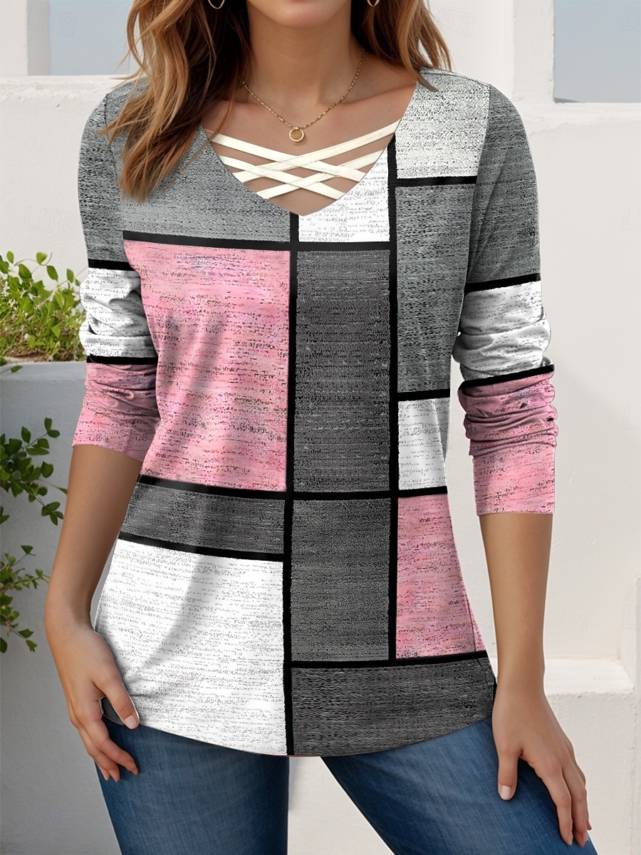 Γυναικεία Μπλουζάκι Με κοψίματα Στάμπα Γραφική Γεωμετρικό Βίντατζ Στυλάτο Μοντέρνα Μακρυμάνικο Λαιμόκοψη V Κανονικά μπλουζάκια Καθημερινά Λευκό Ανθισμένο Ροζ Dusty Rose Καφέ Χακί Άνοιξη Φθινόπωρο 2026 - $24.99 –P4