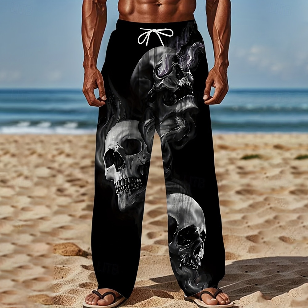 Herren Rauch Kostüme Schädel Hosen Baggy Pants Lässige Hosen mittlere Taille Dunkel Gothik Stil Urlaub Streetwear elastischer Kordelzug Bund leinenartige Hosen mit Taschen Sommer Frühling 3D Druck 2026 - $28.99 –P3