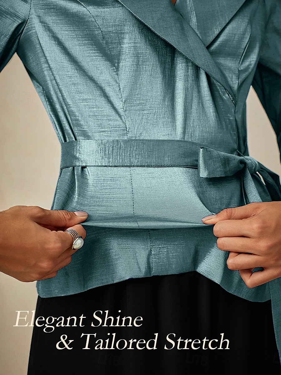 Femmes Chemisier Hauts de soirée Élégant Métallique Moderne Manche 3/4 Col en V Hauts Réguliers robe demoiselle d honneur Soirée Semi-Formel Nœud devant Bleu Poudré Printemps, Automne, Hiver, Été de 2025 ? $79.99 –P3