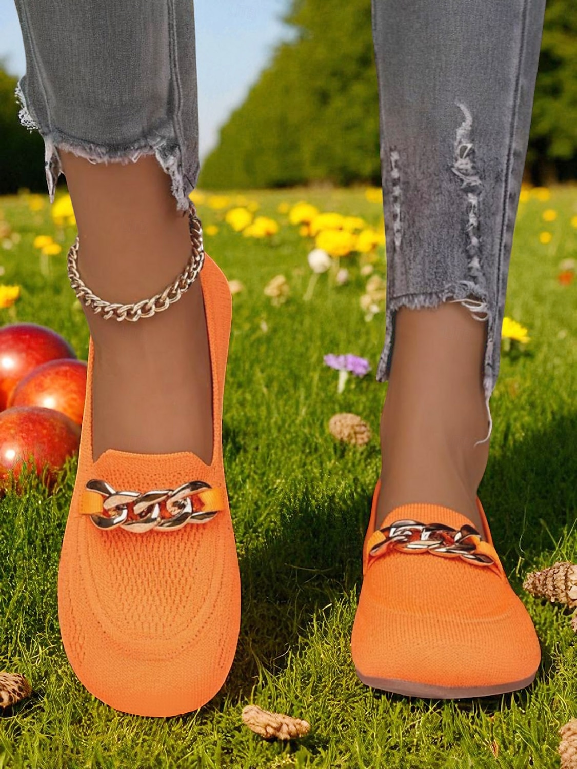 Mocassins Flyknit orange à bout large pour femme – chaussures plates décontractées, confortables et respirantes avec chaîne en métal, idéales pour le shopping, le travail et les promenades dans le jardin de 2025 ? $19.99 –P5