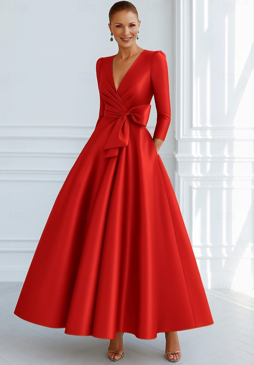 Bind A-Linien Abendkleid Elegantes Kleid Formelle Hochzeitsgast Boden Länge 3/4 Länge Ärmel V-Ausschnitt Tasche Stretch Satin mit Schleife(n) 2025 - $147.99 –P2