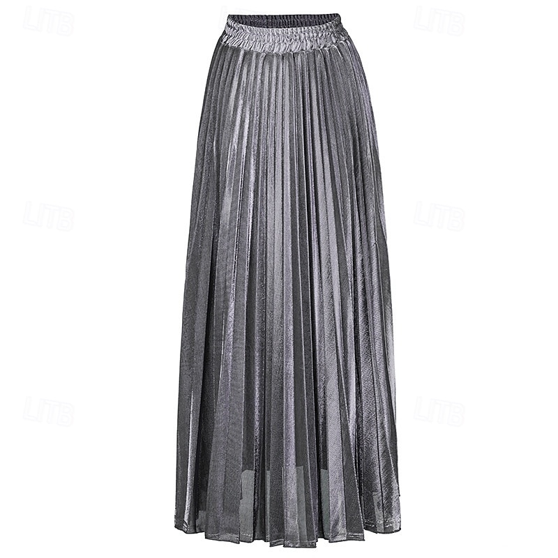 Femmes Jupe Mode Occasionnel Maxi Taille haute Jupes Uni Plissé Micro-Élastique Décontracté Quotidien Week-end Argent Noir Dorée Rouge Été Polyester de 2025 ? $19.99 –P17