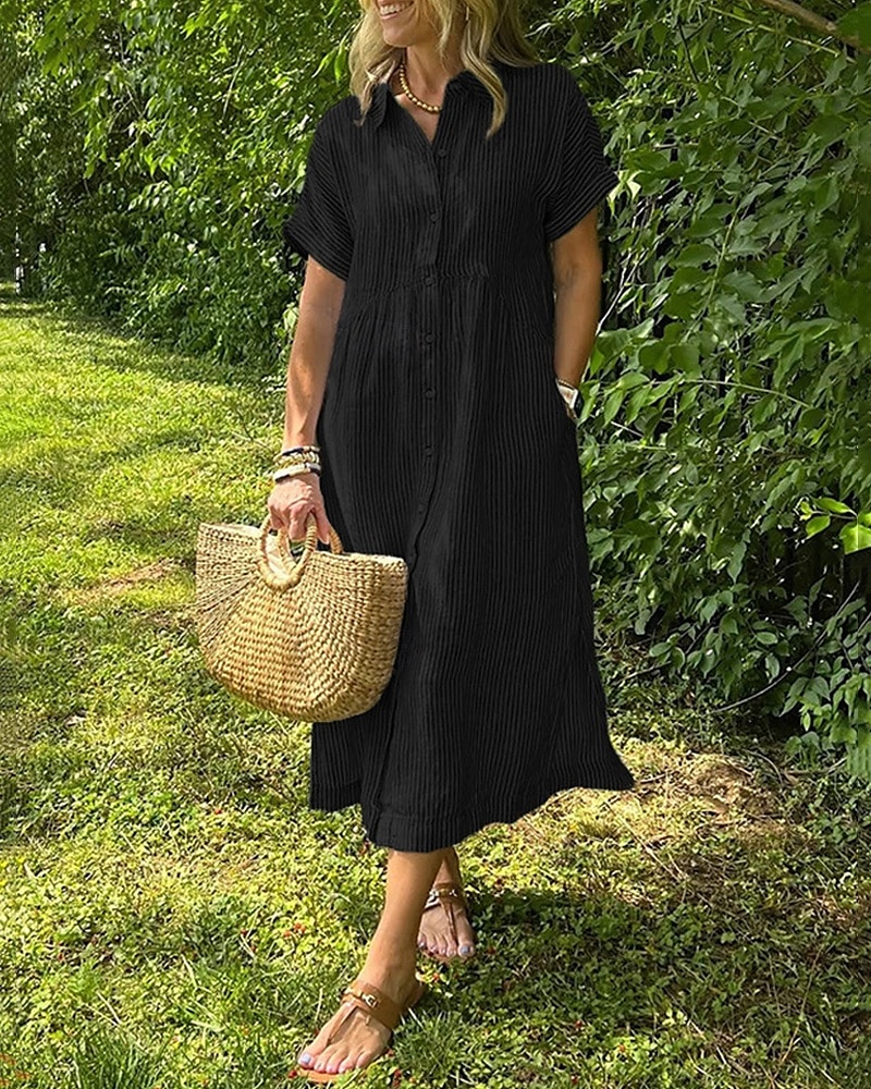 Femmes Robe Longue Maxi Robe Robe Chemise Robe Décontractée Mode Extérieur Soirée Fête Coupe régulière Rayé Manche Courte Col de chemise Noir Blanche Jaune Rose Claire Été de 2025 ? $38.99 –P7