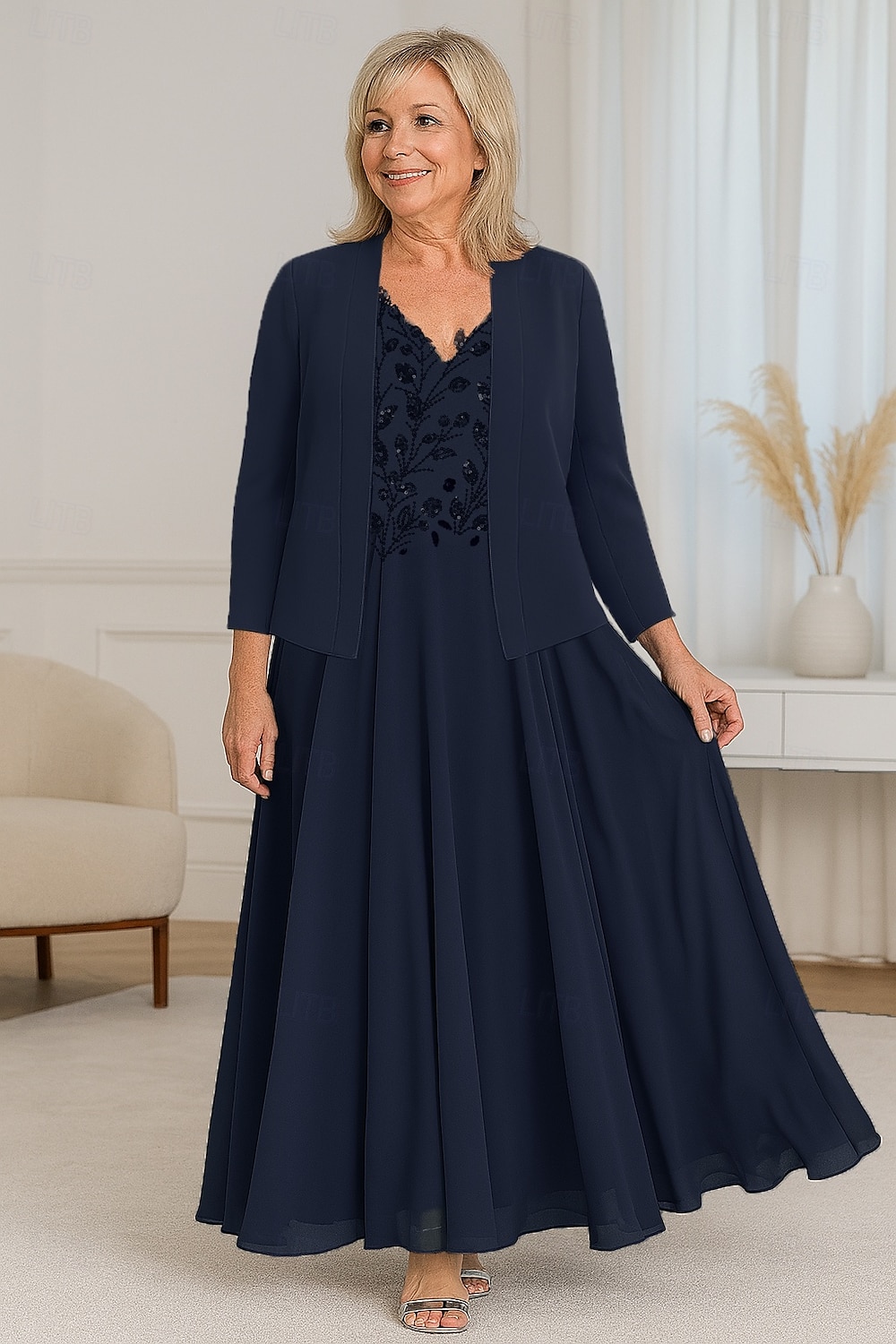 zweiteiliges A-Linien-Kleid mit Perlenspitze für die Mutter der Braut, elegant, schlicht, luxuriös, V-Ausschnitt, bodenlang, Maxilänge, Chiffon, kurze Ärmel, mit Stretch-Krêpe-Jacke 2025 2025 - $155.99 –P4
