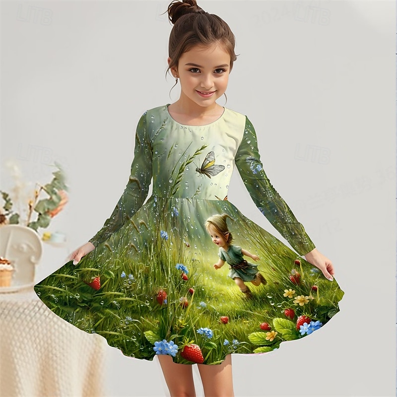 Mädchen' 3D Cartoon Kleid Langarm Sommer Frühling Urlaub Täglich Ferien Prinzessin Schön Süß Kinder 4-12 Jahre Freizeitkleid A Linie Kleid Knielang Normale Passform 2025 - $16.99 –P1