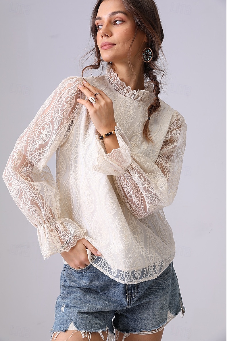 Damen Spitzenbluse Einfarbig Elegant Bohemien Vintage Langarm Hoher Ausschnitt Normale Oberteile Party-Abendmode Ausgehen Strandbekleidung Bestickt Schwarz Weiß Aprikose Frühling, Herbst, Winter 2025 - $49.99 –P4