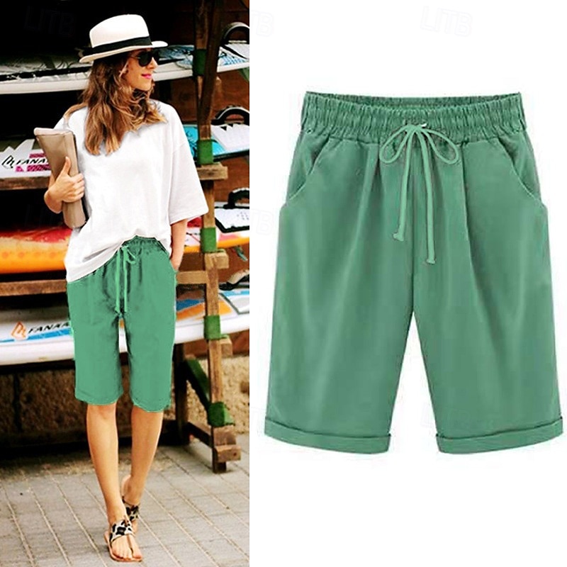 loungeshorts för kvinnor i ren färg elastisk midja med dragsko enkel avslappnad komfort hem daglig semester ventilerande ficka fempunktsbyxor 2025 - $17.99 –P7