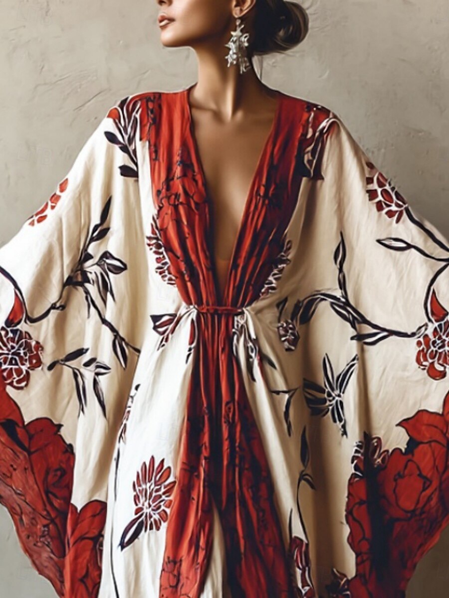 Robe longue pour femme, robe maxi, robe bohème, robe décontractée, robe trapèze, robe d'été, vintage, vacances, quotidien, plage, coupe classique, floral, manches longues, col en V, rouge, été, printemps, automne de 2025 ? $25.99 –P1