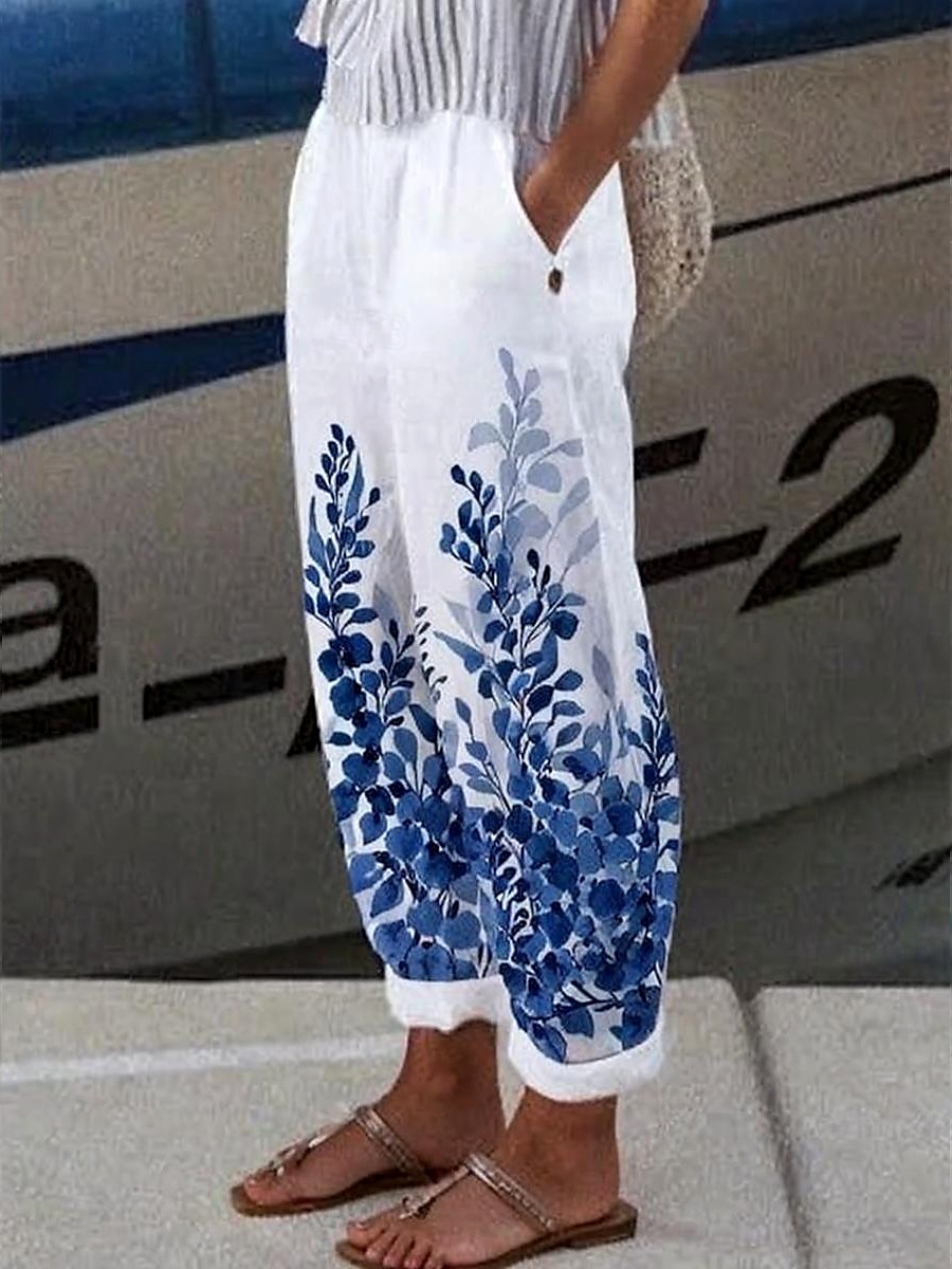 Women's Chinos Vacation Vintage Ethnic Style Ankle-Length High Waist Floral Graphic Leaf Pocket Soft Outdoor Breathable Inelastic Vacation Street Causal White-Blue Purple Green Khaki Summer Spring 2025 - $32.99 –P1
