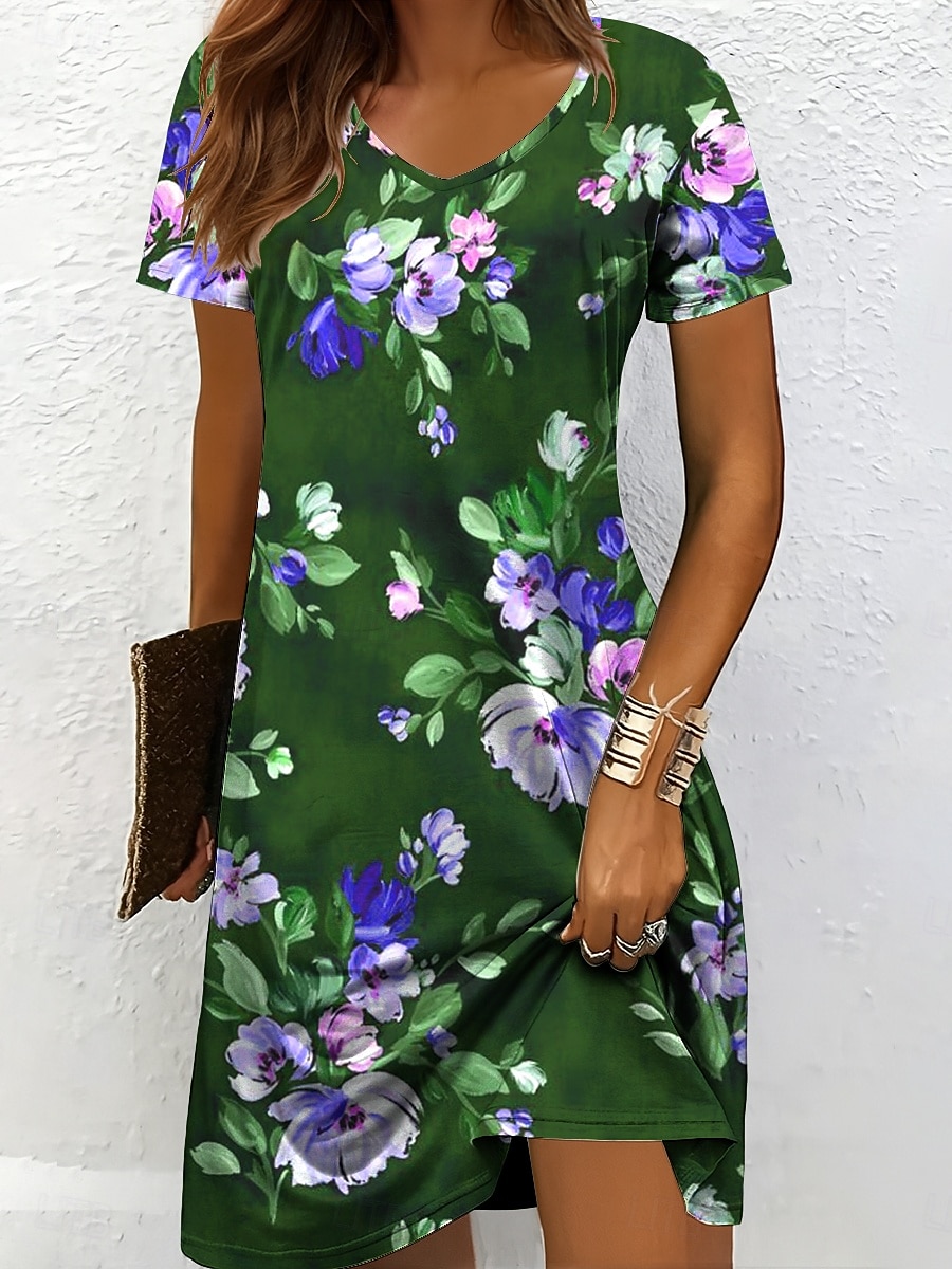 Dam Mini klänning Vardagsklänning T shirtklänning Solklänning A linjeklänning Semester Ledigt Boho Strand Normal Blommig Grafisk Kortärmad V-hals Rubinrött Blå Purpur Brun Sommar Vår 2025 - $23.99 –P4