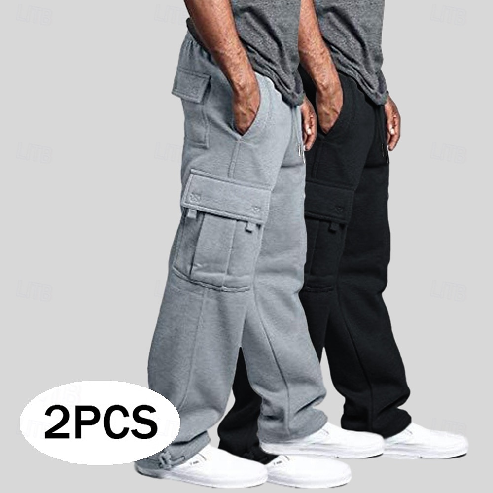 2025年 男性用 フリースパンツ スウェットパンツ ジョガー ズボン カーゴスウェットパンツ 弾性ウエスト ドローストリング マルチポケット 純色 ウォーム 吸汗性 全長 カジュアル 日常 ランニング ファッション ストリートファッション ブラック+ネイビーブルー ブラック＋ライトグレー 伸縮性あり  コレクション – $27.99 –P1