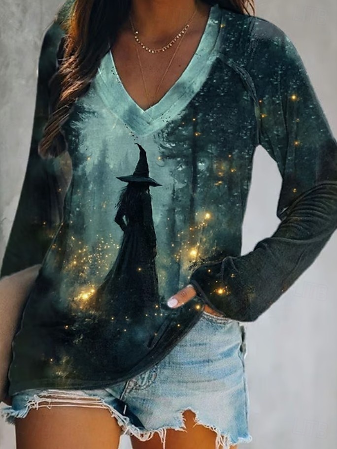 Halloween Femmes T-shirt Graphique Halloween Sorcière Élégant ancien Classique manche longue Col en V Hauts Réguliers Quotidien Sortir Week-end Imprimé Noir et gris Vert cendré Blanche Bleu Orange de 2025 ? $22.99 –P1