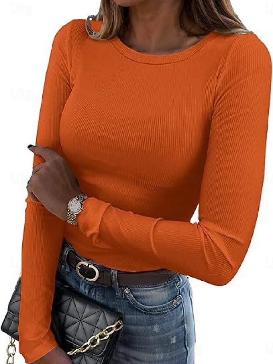 Women's Blouse Solid Color Stylish Basic Casual Long Sleeve Crew Neck Regular Tops Daily White Red Orange Gray Summer Spring 2025 - $11.49 –P3