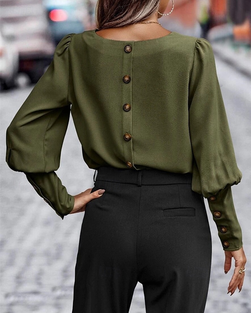 Damen Hemd Einfach Täglich Stilvoll Basic Langarm Rundhalsausschnitt Normale Oberteile Arbeit Täglich Ferien Knöpfe Schwarz Armeegrün Braun Frühling Herbst 2025 - $23.99 –P7