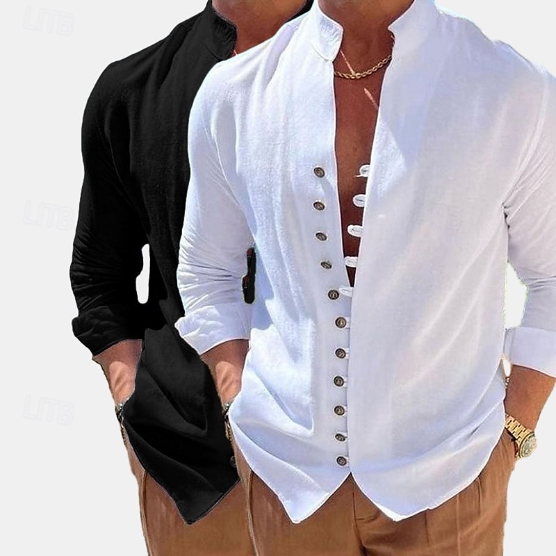 Men's Shirt Linen Shirt Summer Shirt Casual Shirt Button Up Shirt Plain Vacation Curise Green+pink Green+Khaki Blue+Khaki Khaki+Orange Long Sleeve Band Collar Summer Spring &  Fall Clothing Apparel 2026 - $29.99 –P8