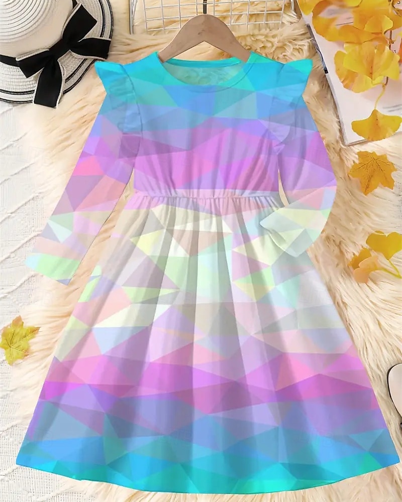 Mädchen' 3D Geometrisch Kleid Rüschenkleid Langarm Sommer Frühling Urlaub Täglich Ferien Prinzessin Schön Süß Kinder 4-12 Jahre Freizeitkleid A Linie Kleid Knielang Normale Passform 2025 - $15.99 –P3