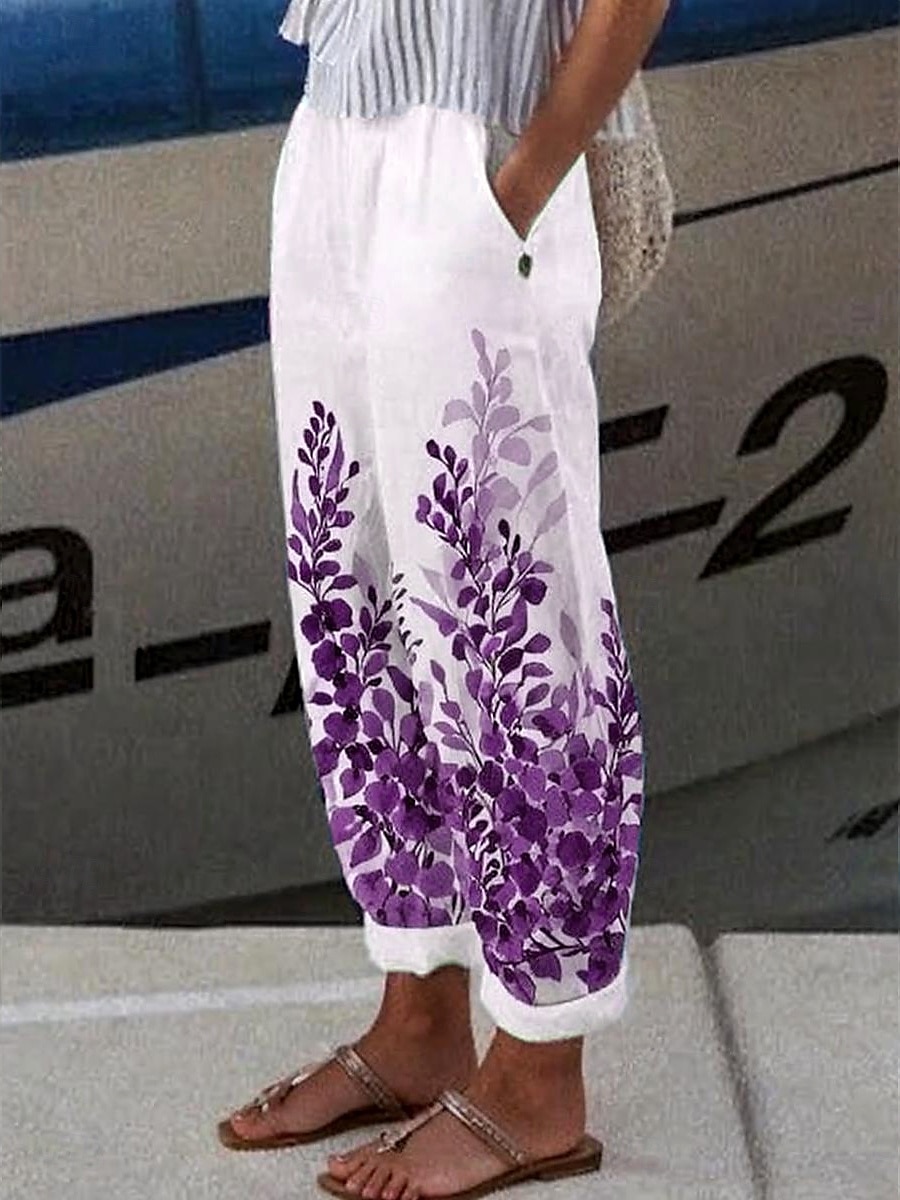 Women's Chinos Vacation Vintage Ethnic Style Ankle-Length High Waist Floral Graphic Leaf Pocket Soft Outdoor Breathable Inelastic Vacation Street Causal White-Blue Purple Green Khaki Summer Spring 2025 - $32.99 –P6