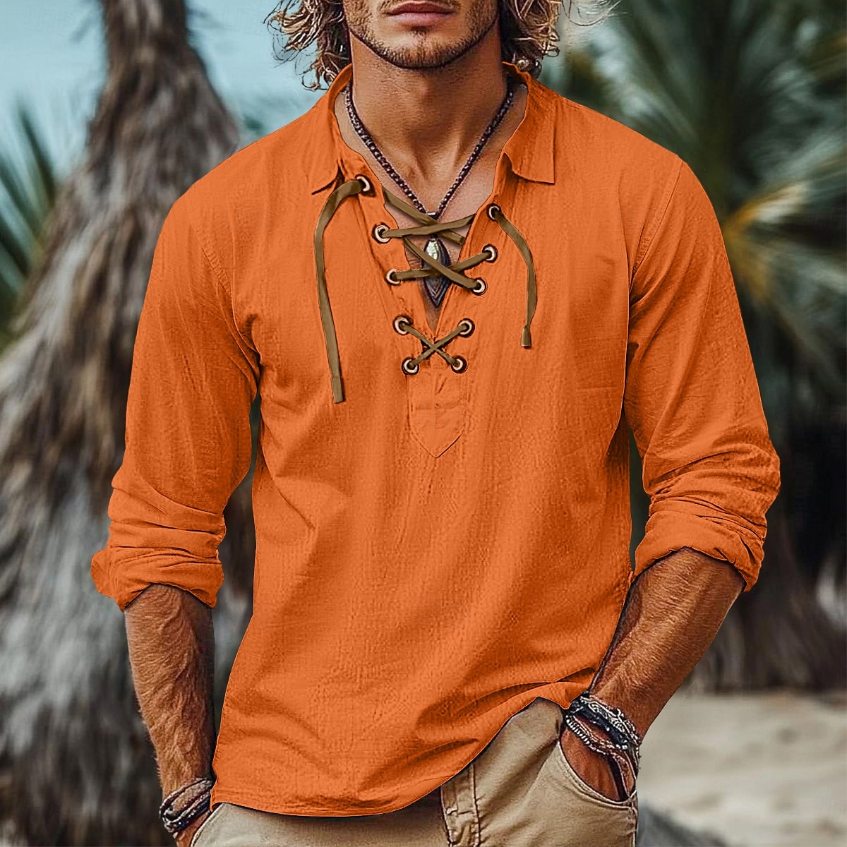 Herren Hemd Leinenhemd Wikinger-Stil Popover-Hemd Sommerhemd Strandbekleidung Einfarbig Urlaub Straße Weiß Blau Orange Grün Langarm Kragenlos Bekleidung Kordelzug 2025 - $25.99 –P5