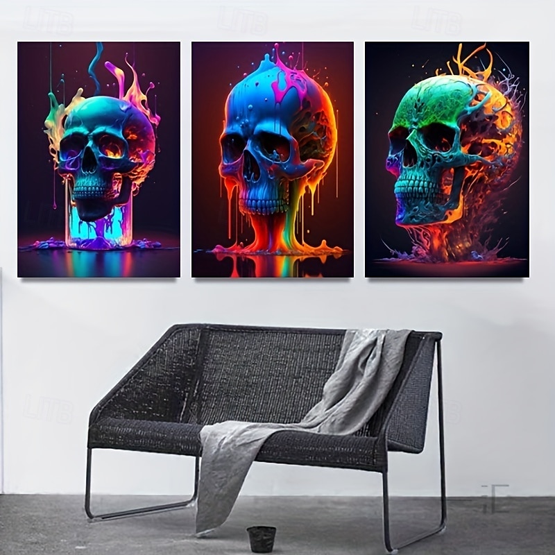 abstrakt neonhodeskallefarge lerretskunst nydelig flammeplakattrykk uinnrammet stue soverom hjemmedekorasjon egnet for halloween 2025 - $13.99 –P7